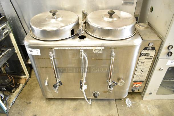 Cecilware FE-200 stainless steel commercial automatic coffee urn, dual tanks, countertop model, 120/208 volts, brewing instructions visible.