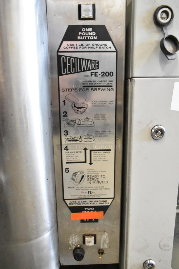 Cecilware FE-200 stainless steel commercial coffee urn, featuring automatic brewing instructions. Model FE-200, 120/208 volts.