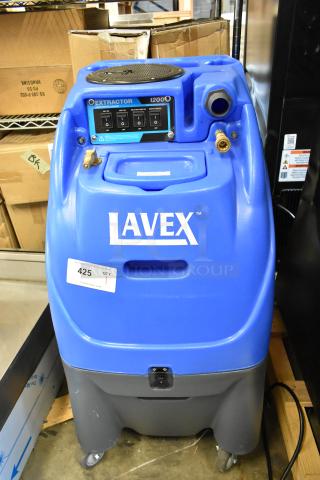 "Brand new Lavex cold water surface extractor, blue, 12-gallon, 1200 PSI, with 25' hoses and 12" stainless wand, scratch and dent."