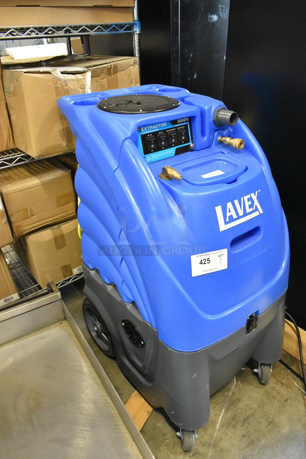 Brand new Lavex 1200 PSI cold water extractor, 12-gallon, with 25' hoses, 12" stainless wand, minor scratches, blue.