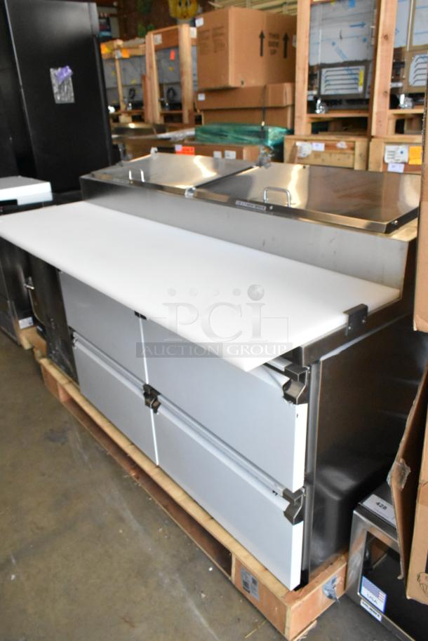 Brand new Avantco 178SSPPT2 stainless steel pizza prep table with 4 drawers, slight scratches, 115V, 1 phase.