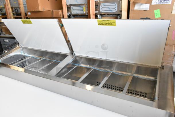 BRAND NEW Avantco 178SSPPT2 stainless steel pizza prep table, 4 drawers, 115 volts, open top view, "IMPORTANT" label visible.