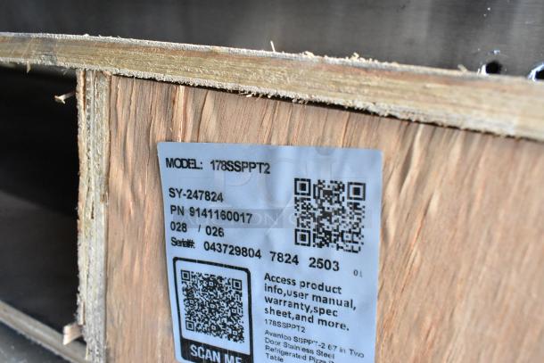 Label on Avantco 178SSPPT2 pizza prep table, showing model and serial numbers for product identification.