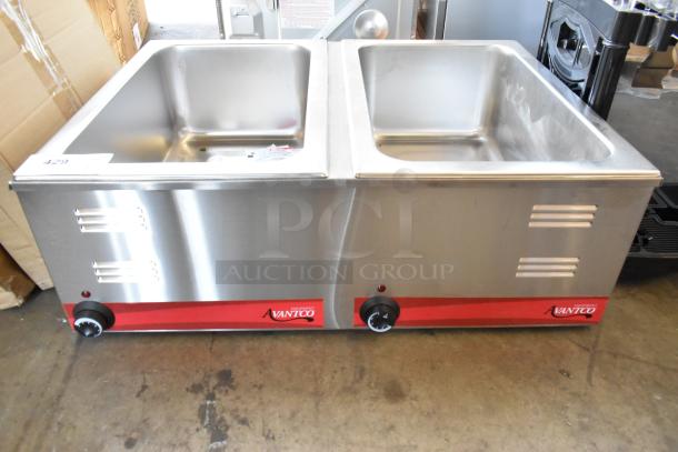 Brand new Avantco 177FW200D dual well electric countertop food warmer, 12"x20", thermostatic controls, 120V, pristine condition.