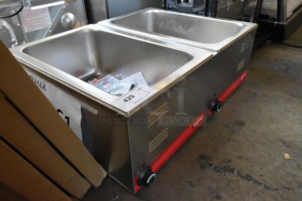 Brand new Avantco 177FW200D dual well electric countertop food warmer, 12"x20", thermostatic controls, 120V, visible tags.
