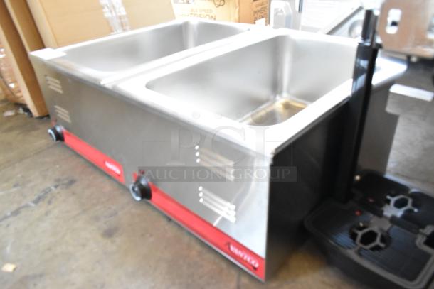 Brand new 2024 Avantco 177FW200D dual well electric food warmer, 12" x 20", thermostatic controls, minor scratches.