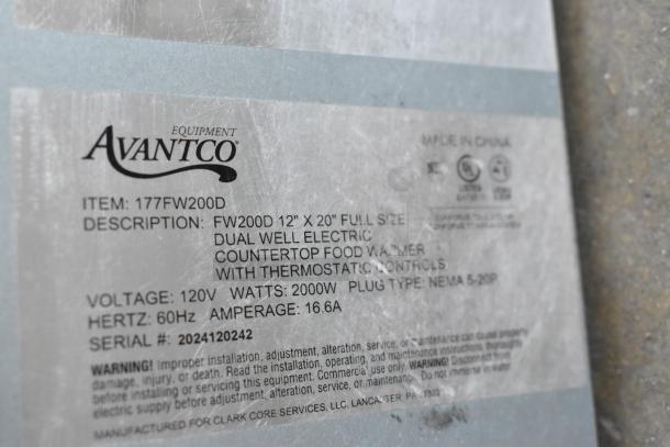 Label on Avantco 177FW200D dual well electric food warmer, showing model, 120V, 2000W, NEMA plug type, and warnings.