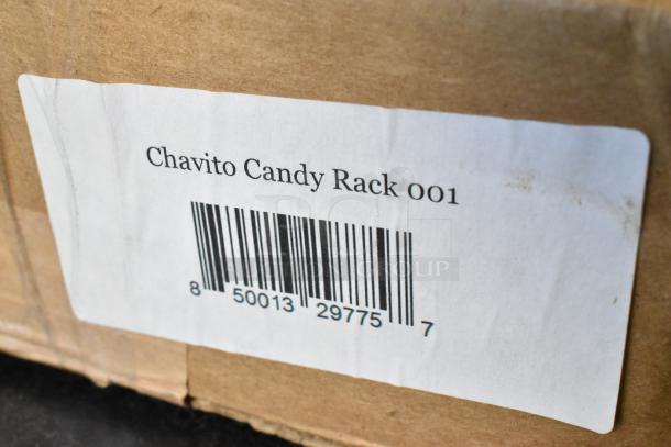 Label on box for Chavito Candy Rack 001, showing barcode and indicating it is brand new with scratch and dent condition.