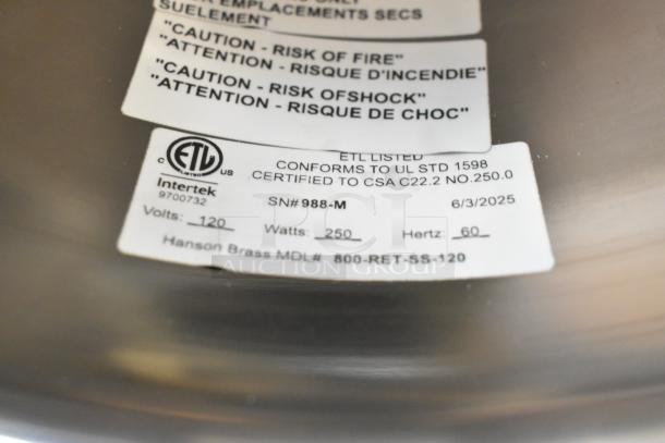 BRAND NEW SCRATCH AND DENT! 2025 Hanson Brass 800-RET-SS-120 Heat Lamp with Stainless Steel Finish, 120V, ETL Listed.