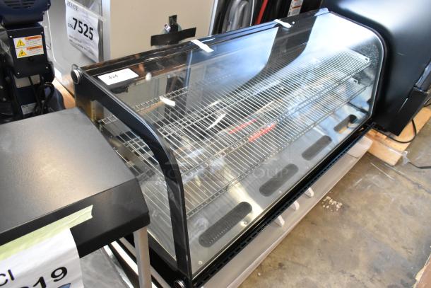 Brand new KoolMore commercial countertop merchandiser with broken glass on side pane, metal frame, and wire shelving.