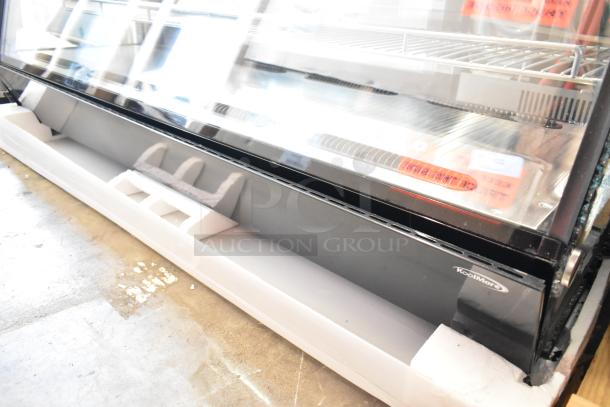 Brand new KoolMore metal commercial countertop merchandising case with side pane broken glass, visible in packaging.