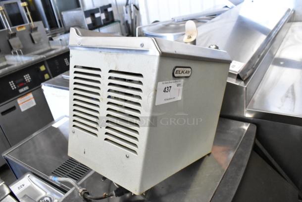 Elkay HEW3_1H metal wall mount water fountain, 115 volts, 1 phase, used condition, visible Elkay logo and auction tag #437.