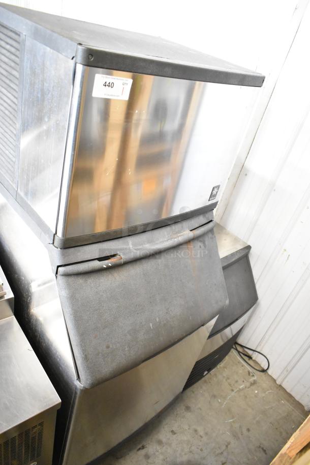 Manitowoc QY0454A stainless steel commercial ice head on ice bin, 115 volts, 1 phase. Visible auction label: lot 440.