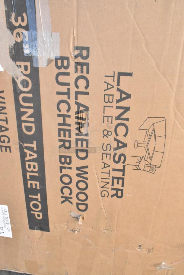 Lancaster 36" round wood butcher block table top, vintage finish, new scratch and dent condition, in original packaging.