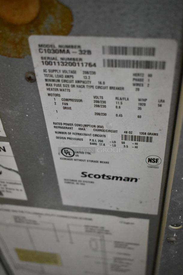 Scotsman C1030MA-32B Prodigy ice head label, details voltage 208/230, 1 phase, UL and NSF certified.
