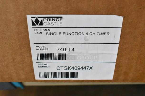 Brand new Prince Castle 740-T4 4 Channel Timer, single function with alarm, in box. Model and serial numbers visible.