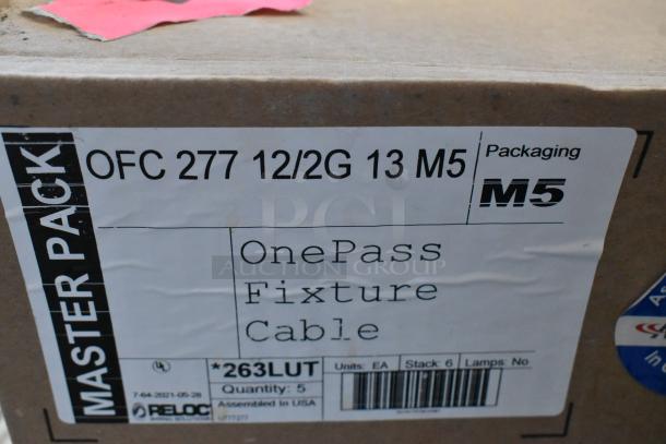 Alt text: Brand new in box Reloc OnePass Fixture Cable OFC 277 12/2G 13 M5. Master Pack label, assembled in USA. Quantity 5.