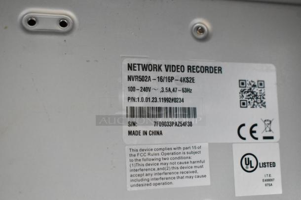 Label on Network Video Recorder NVR502A, detailing model and specs. Features UL listing and FCC compliance text. Made in China.