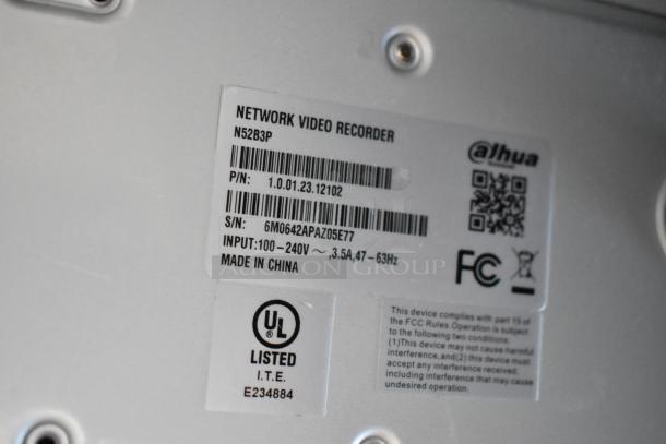 Alt text: Dahua Network Video Recorder, model N52B3P, brand new with UL certification and FCC compliance labels, Made in China.