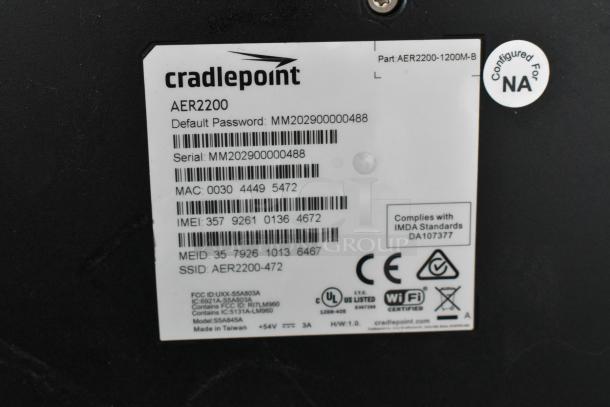 Cradlepoint AER2200 router label showing part number, default password, serial number, MAC, IMEI, and compliance info.