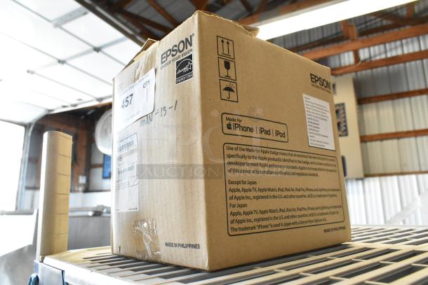 Brand new Epson TM-M30II-012 receipt printer in sealed box. Box shows compatibility with iPhone, iPad, iPod. Made in the Philippines.