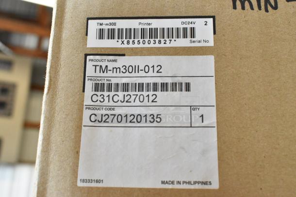 Brand new Epson TM-M30II-012 receipt printer in box, labeled with product details and serial number X855003827.