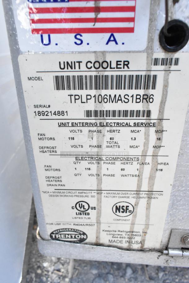 Kolpak Walk-In Box tag showing Model TPLP106MAS1BR6, Serial# 189214881. Electrical specs: 115V, 1 Phase, 60Hz. Made in USA.