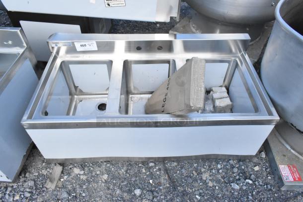 BRAND NEW SCRATCH AND DENT! Steelton 522BS3T38 3 Bowl 18 Gauge Underbar Sink, 38"x18 3/4", with visible label and packaging.