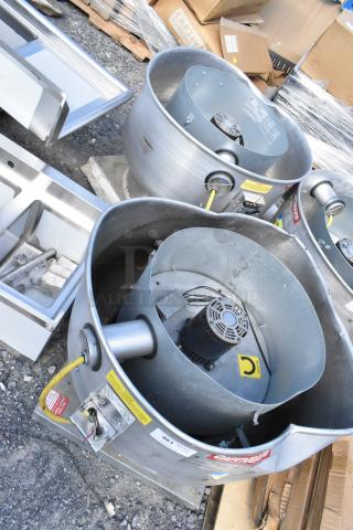 Two CaptiveAire DU85HFA commercial exhaust fans, missing tops, metal construction, visible labels and wiring, on pallet.