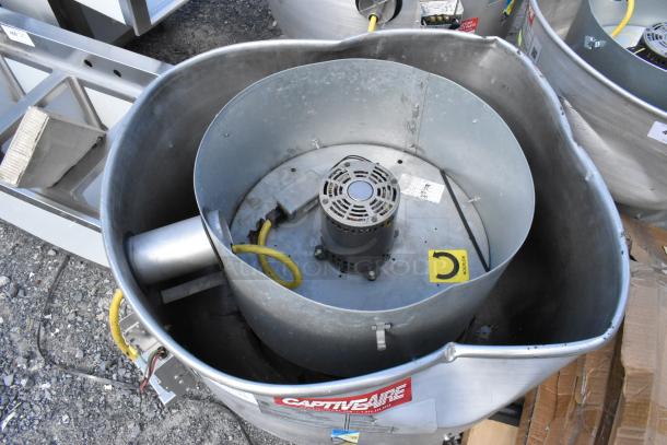 2 CaptiveAire DU85HFA metal commercial rooftop mushroom exhaust fans, missing tops. Visible brand label and wiring.