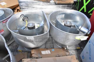 2 CaptiveAire DU50HFA metal commercial rooftop mushroom exhaust fans, missing tops, visible labels and wiring.