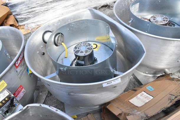 2 CaptiveAire DU50HFA metal rooftop exhaust fans, missing tops. Model tags visible. Auction is for both units.