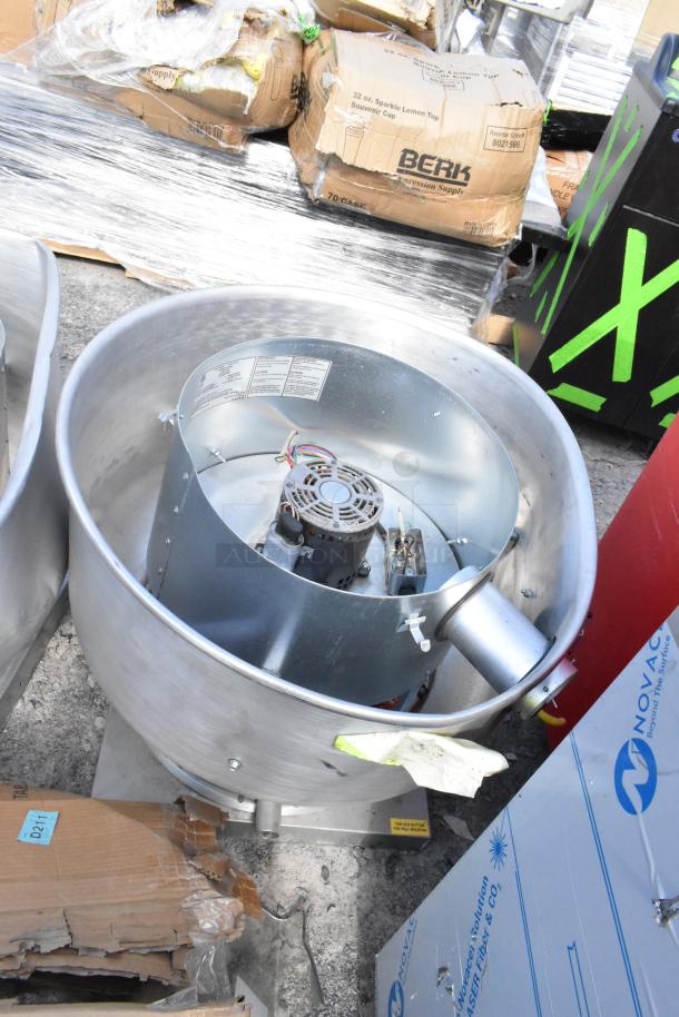 2 CaptiveAire DU50HFA metal commercial rooftop mushroom exhaust fans, missing tops. Visible labels show specifications.