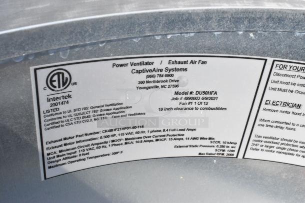 2 CaptiveAire DU50HFA rooftop mushroom exhaust fans. Missing tops. Labels show specifications and certifications.