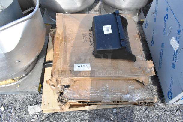 10 new items including Advantage Supplies black open-lid dustpan and Lancaster Table & Seating table base on worn boxes.