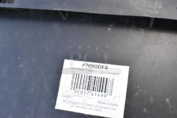 10 brand new Advantage Supplies 789ODPA 11 13/16" black open-lid lobby dustpans, made in India, with barcode and label.