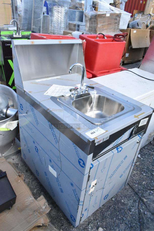 BRAND NEW QualServ WMSC24MS stainless steel portable sink, scratch and dent condition, protective wrap visible, new faucets.