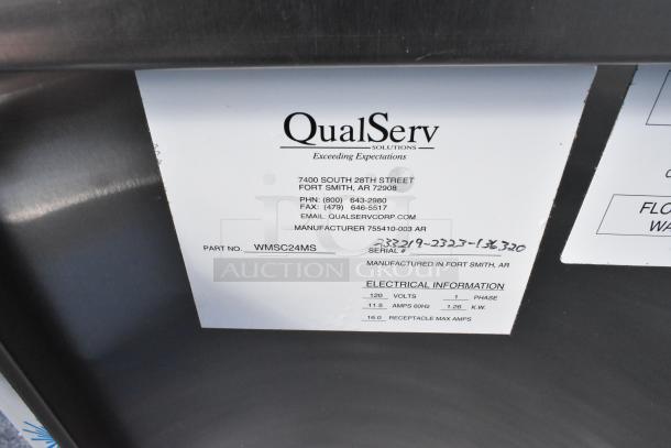 Stainless steel portable sink label showing QualServ, model WMSC24MS, part number, and electrical information. Brand new with scratch and dent.
