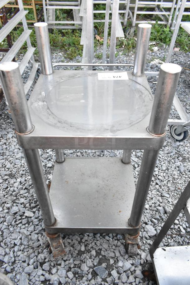 Two stainless steel rice cooker equipment stands with commercial casters, used condition, sturdy design, auction lot A74.