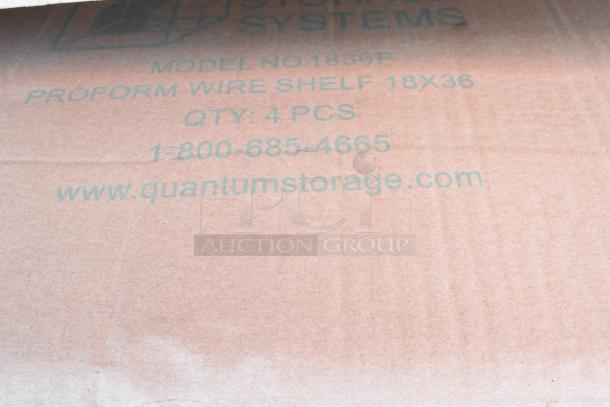 Cardboard box labeled "Quantum Storage Systems," containing model 1836P Proform wire shelves, 18x36 inches, quantity of 4.