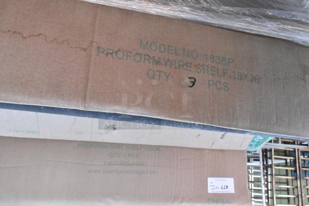 12 new boxes of Quantum 1836P Proform wire shelves, each 18x36 inches. Markings indicate model and quantity of 3 pieces per box.