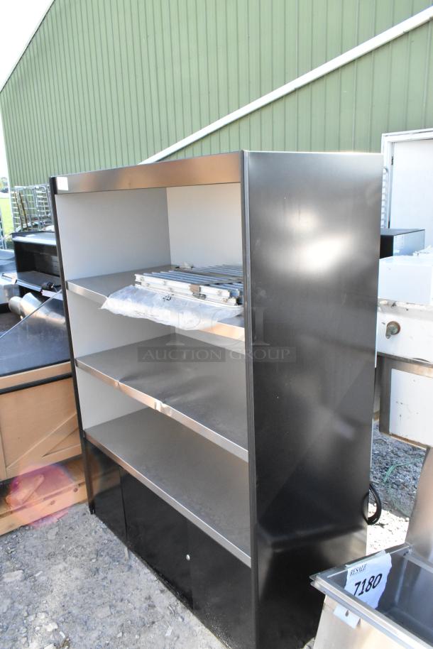 Brand new scratch and dent shelving unit with four shelves and metallic finish, minor surface imperfections visible.