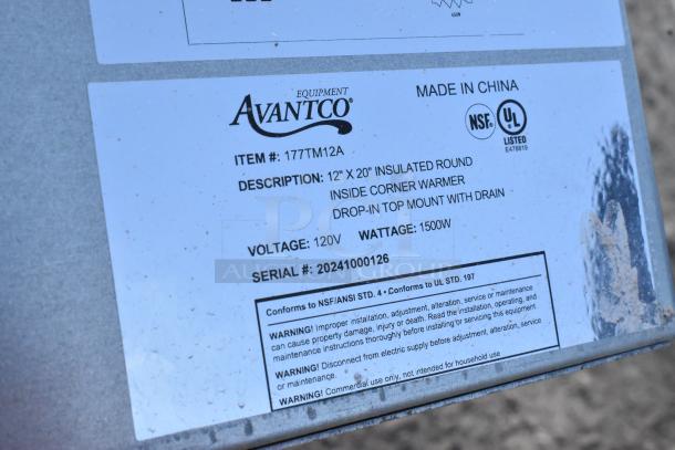 Alt text: "Label of Avantco 177TM12A hot food well, 120V, 1500W, NSF and UL listed, commercial use, serial #20241000126."