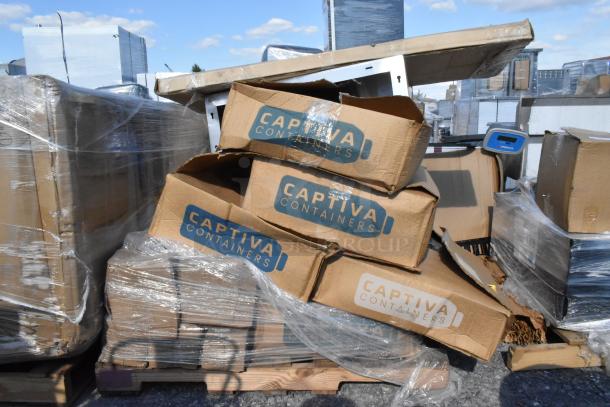 Stack of packaged Captiva Containers and Advance Tabco MS-2030 stainless shelf, shown in scratch and dent condition.