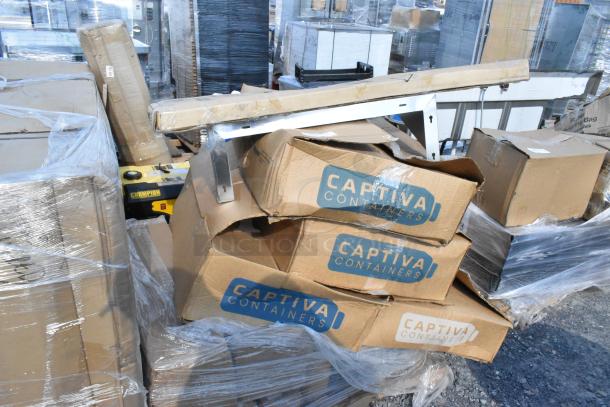 12 new scratch and dent items, including Advance Tabco MS-2030 stainless shelf and Captiva bottles in original packaging.