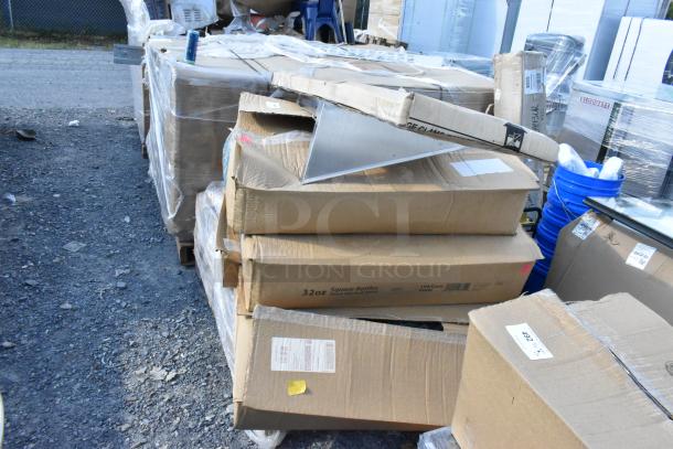 12 new scratch and dent items, including Advance Tabco MS-2030 stainless shelf and Captiva bottles, boxed and wrapped.
