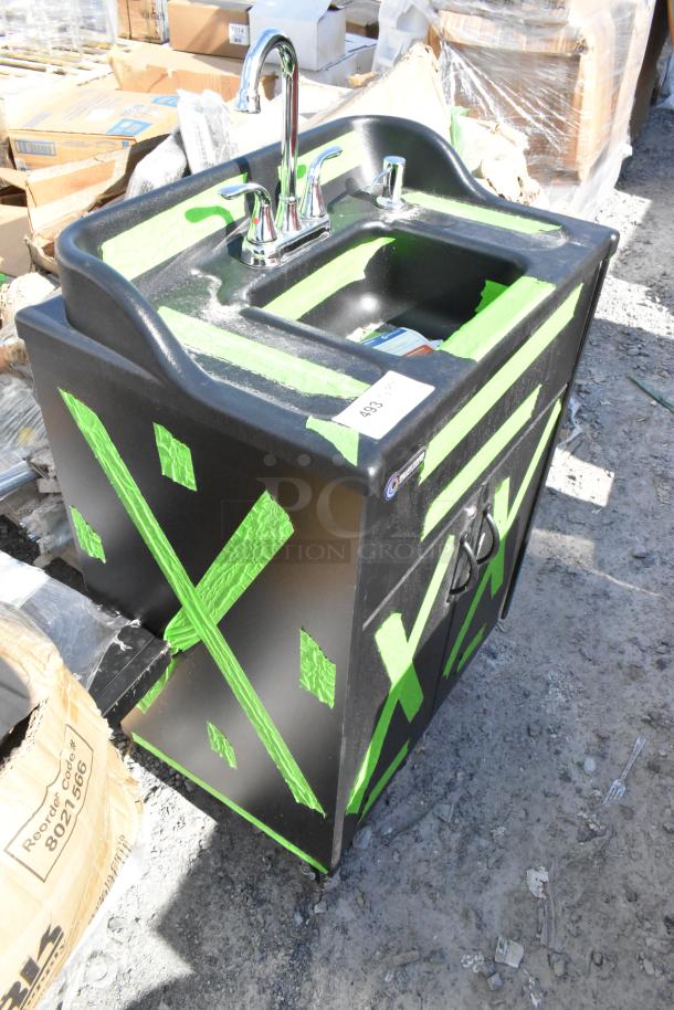 BRAND NEW Ozark River Premier Black Portable Hot Water Hand Sink, single basin, laminate cabinet, visible scratches.