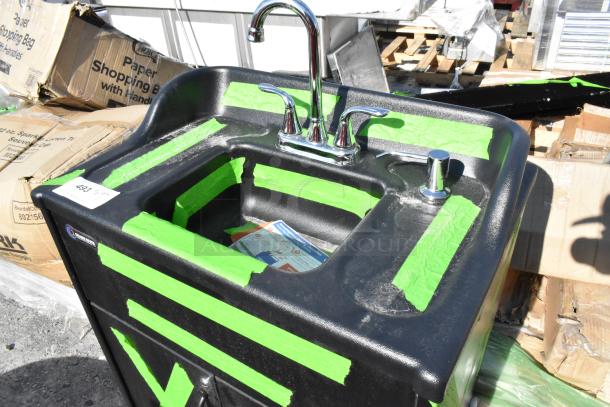 BRAND NEW Ozark River ADSTK-AB-AB1N Premier Black Portable Hot Water Hand Sink with laminate cabinet, green tape for protection.