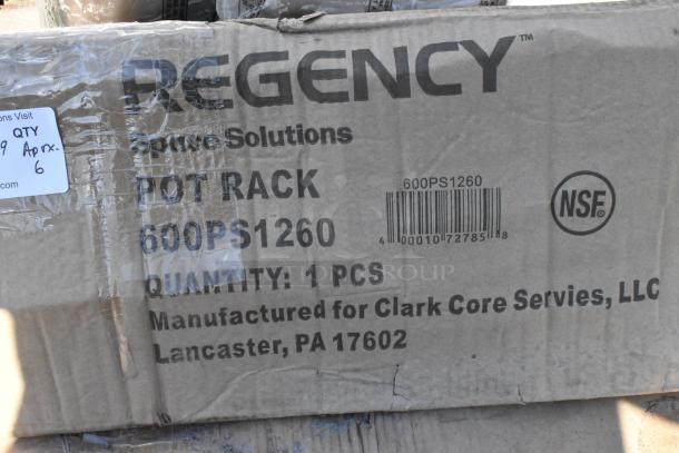 Cardboard box showing Regency pot rack, model 600PS1260, NSF certified with shipping details.