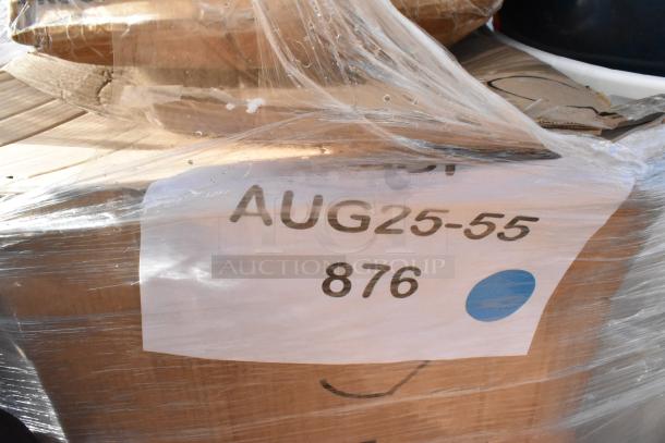 Shrink-wrapped pallet with label reading "AUG25-55 876," containing scratch and dent items like immersion blender and trash cans.